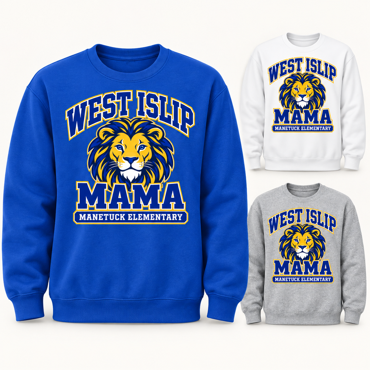 Manetuck Mama Adult Crewneck — Royal, White, Sport Grey