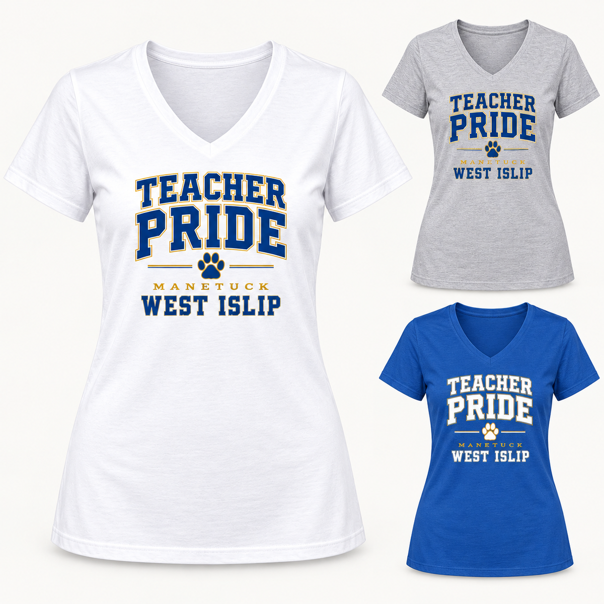 Manetuck Teacher Pride Women's V-Neck Tee — White, Heather Gray, Royal