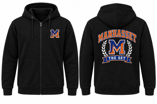 Manhasset Varsity Zip-Up Hoodie — Black front and back