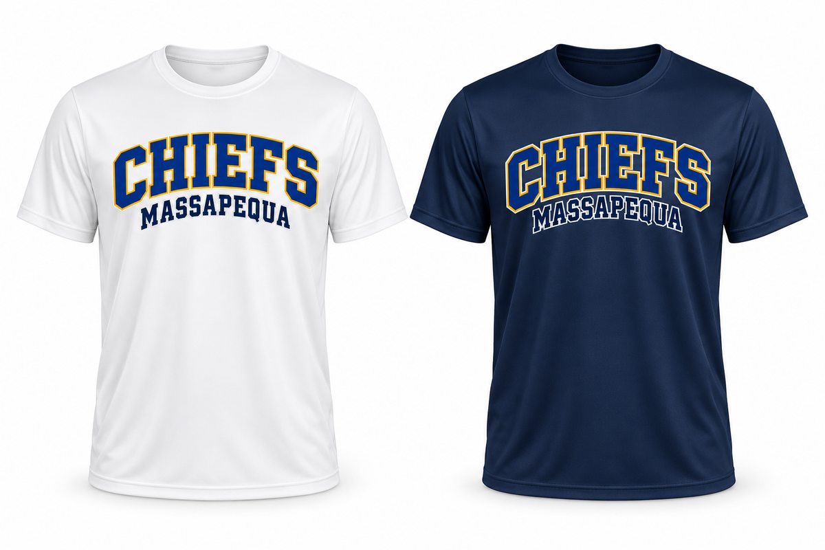 Massapequa Chiefs Wordmark Performance Tee — White, Navy