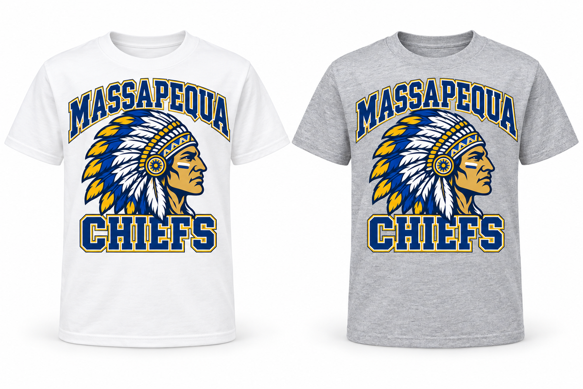 Massapequa Chiefs Youth Heritage Crest T-Shirt — White, Sport Gray