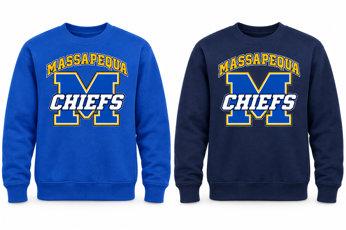 Massapequa Chiefs Youth Varsity M Crewneck — Royal Blue, Navy