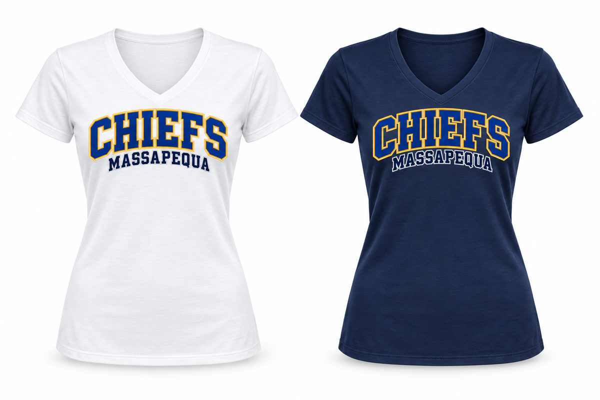 Massapequa Women's Chiefs V-Neck Tee — White, Navy