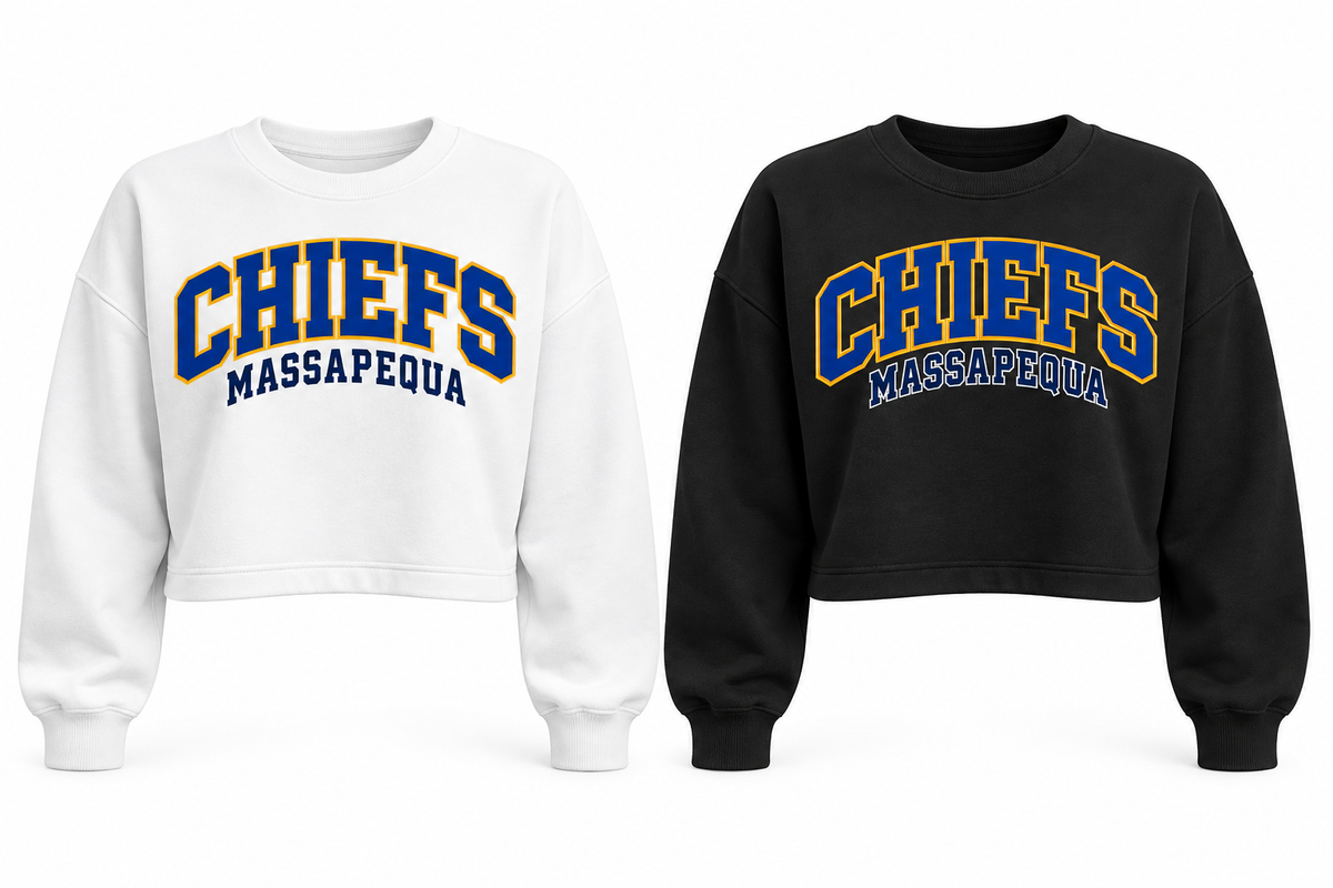 Massapequa Women's Chiefs Cropped Crewneck — White, Black