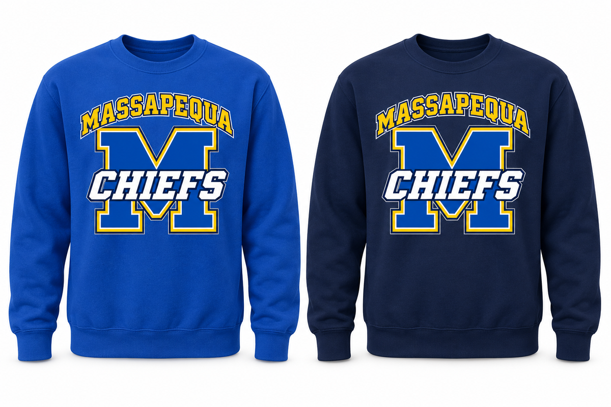 Massapequa Chiefs Varsity M Crewneck Sweatshirt — Royal Blue, Navy