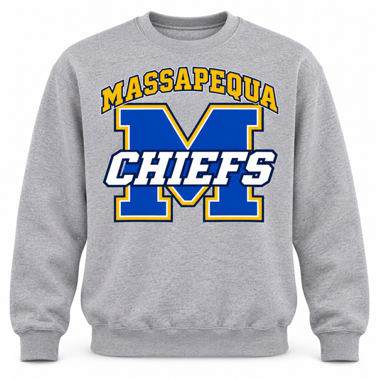 Massapequa Chiefs Varsity M Crewneck Sweatshirt — Sport Gray
