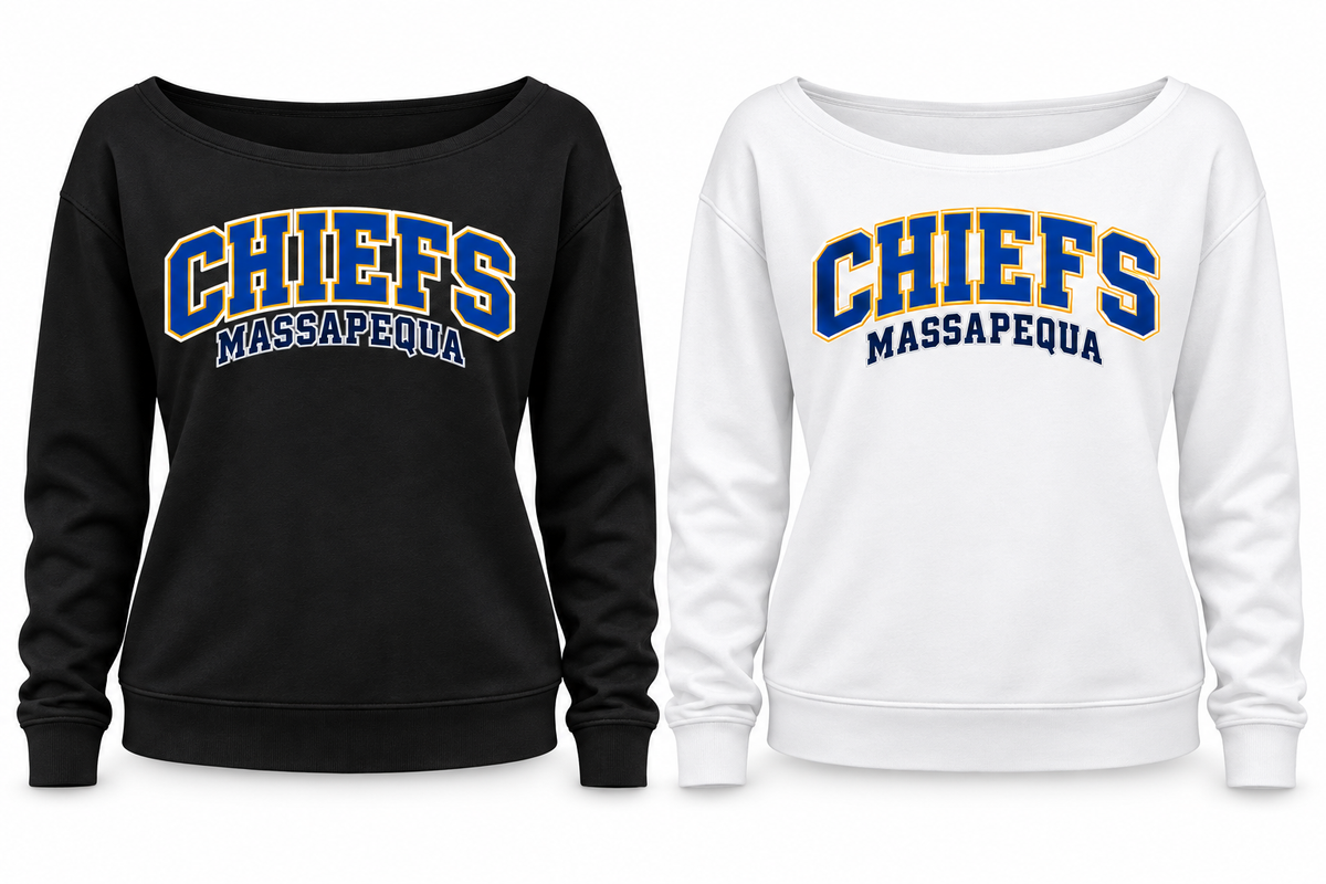 Massapequa Women's Chiefs Wide-Neck Sweatshirt — Black, White