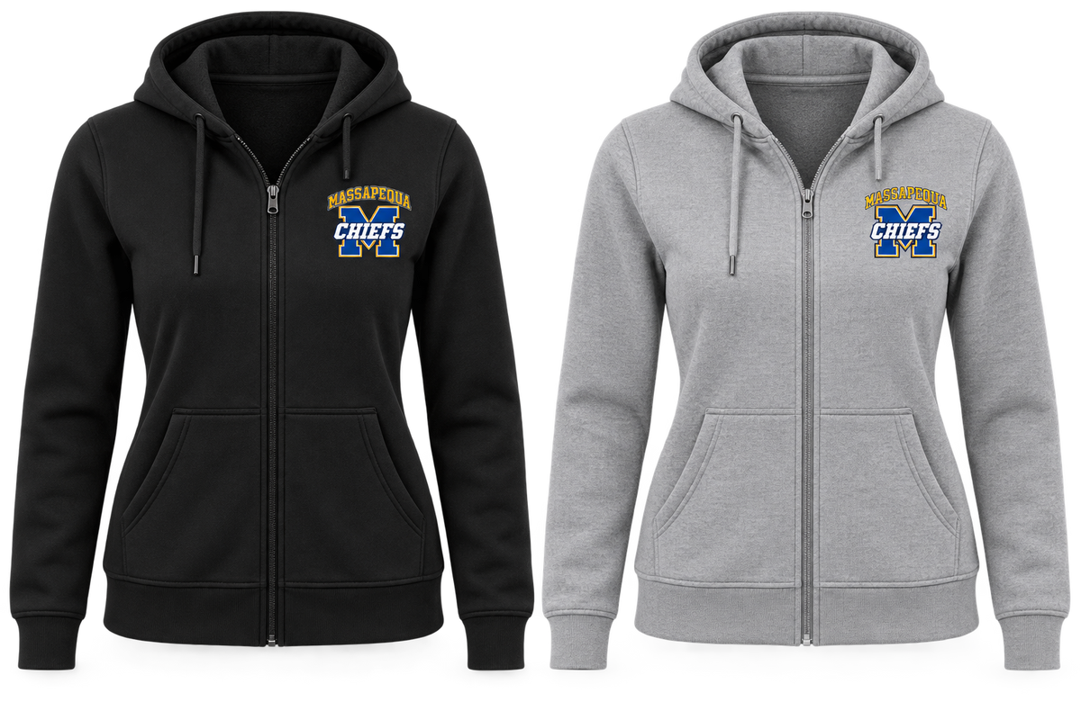 Massapequa Chiefs Women's Varsity M Zip-Up Hoodie — Black, Sport Gray