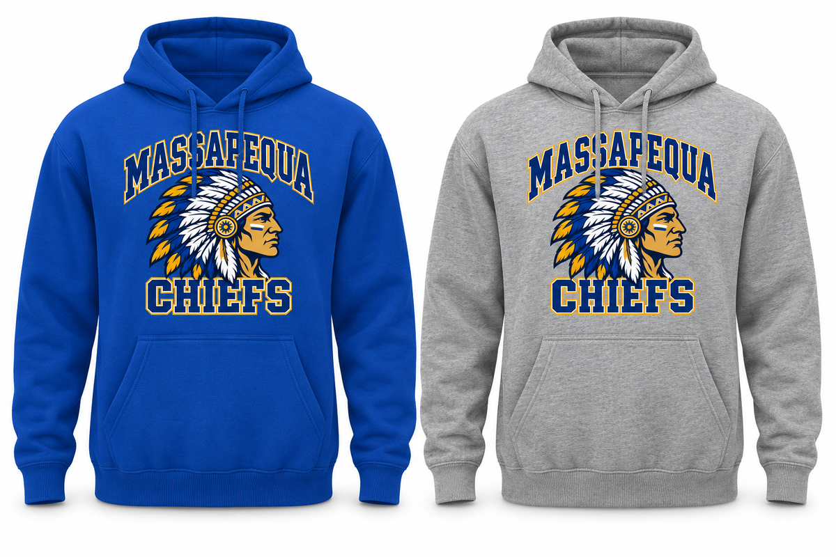 Massapequa Chiefs Heritage Crest Pullover Hoodie — Royal Blue, Sport Gray
