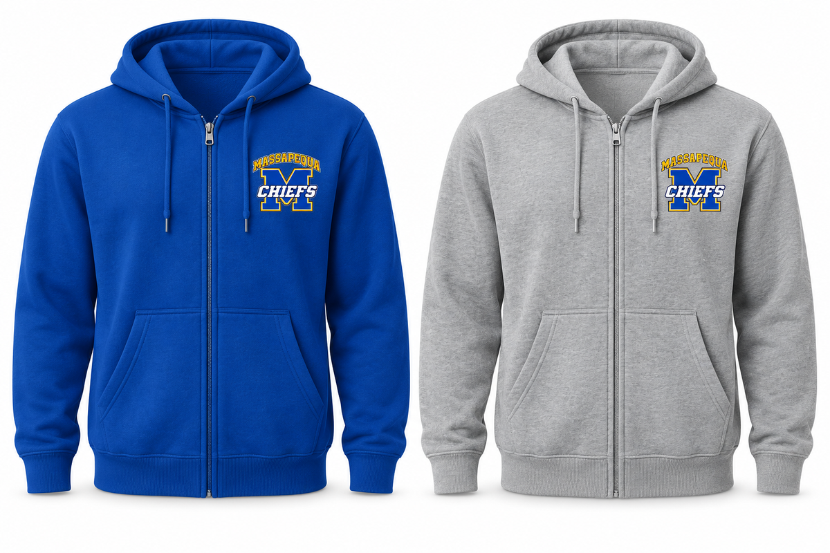 Massapequa Chiefs Varsity M Zip-Up Hoodie — Royal Blue, Sport Gray