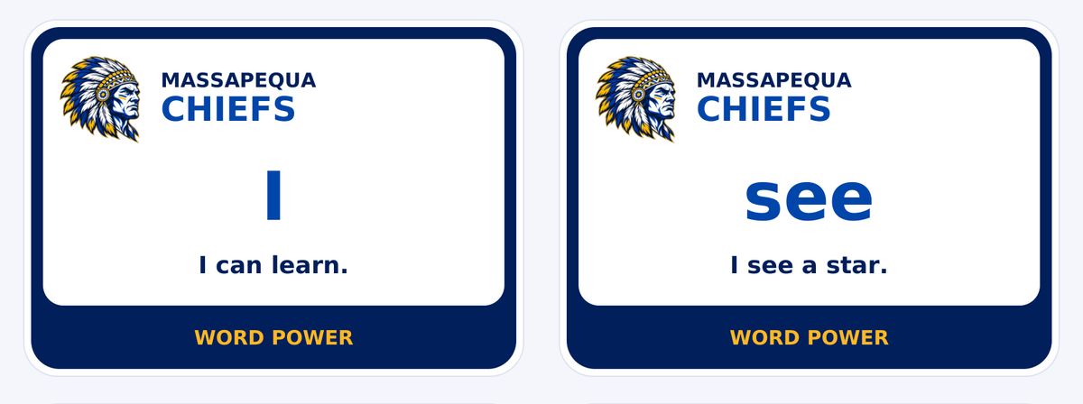 Massapequa Chiefs Grade 1 Sight Words Sticker Sheet — detail view