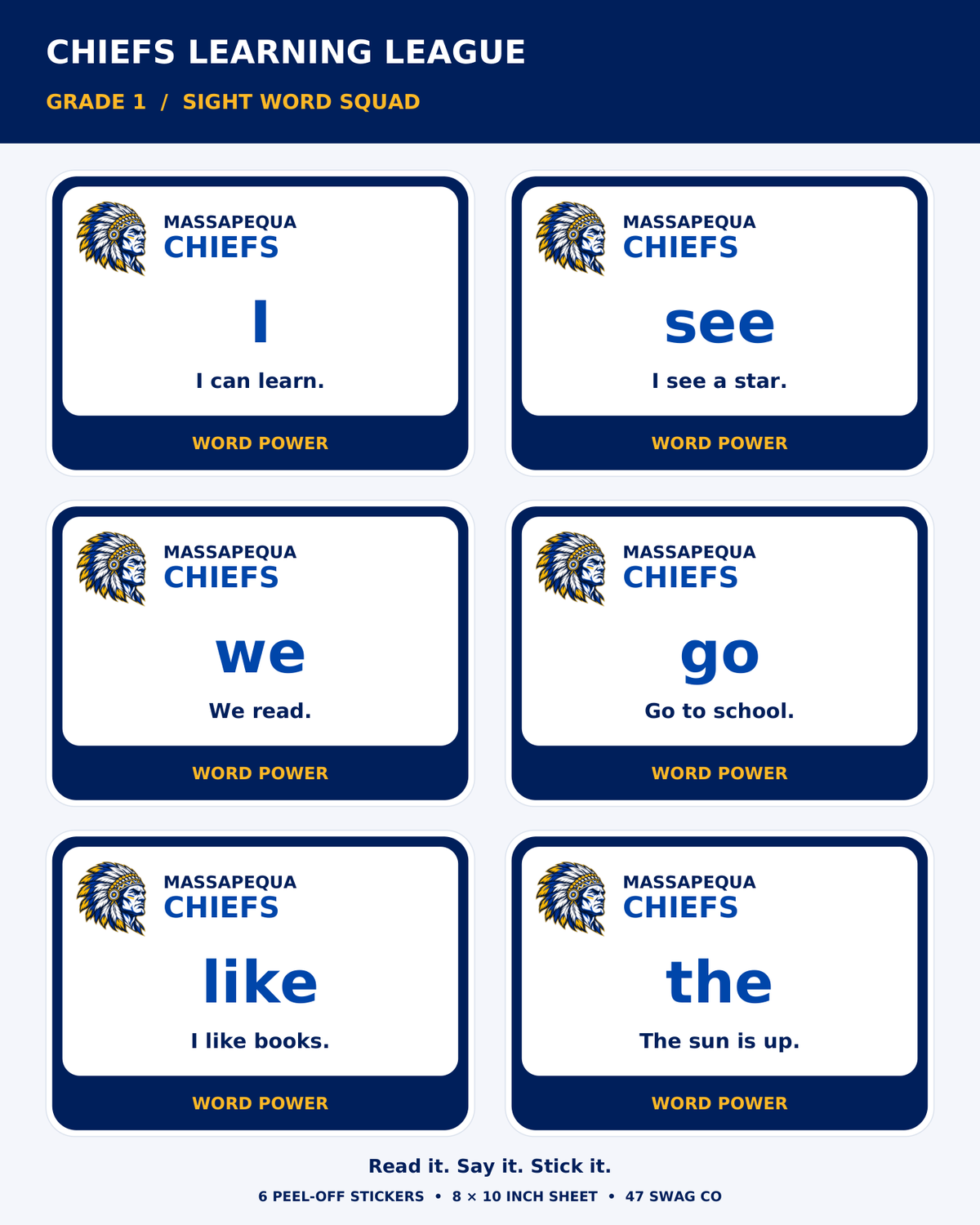 Massapequa Chiefs Grade 1 Sight Words Sticker Sheet — Blue & Gold