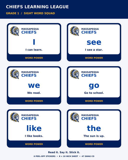 Massapequa Chiefs Grade 1 Sight Words Sticker Sheet — Blue & Gold