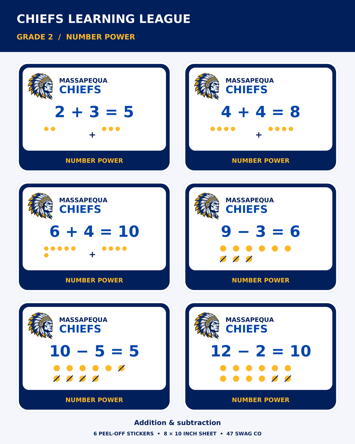Massapequa Chiefs Grade 2 Addition & Subtraction Sticker Sheet — Blue & Gold