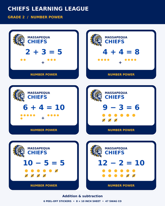 Massapequa Chiefs Grade 2 Addition & Subtraction Sticker Sheet — Blue & Gold