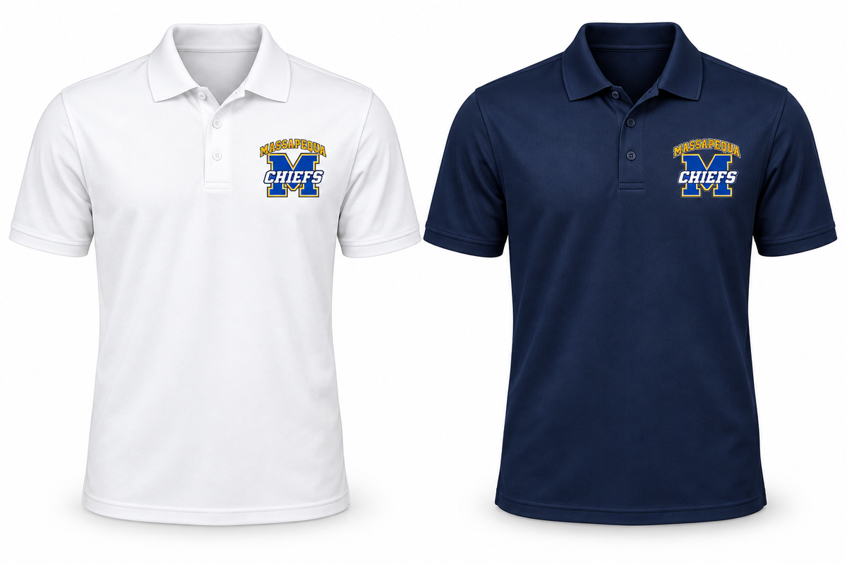 Massapequa Chiefs Varsity M Polo Shirt — White, Navy