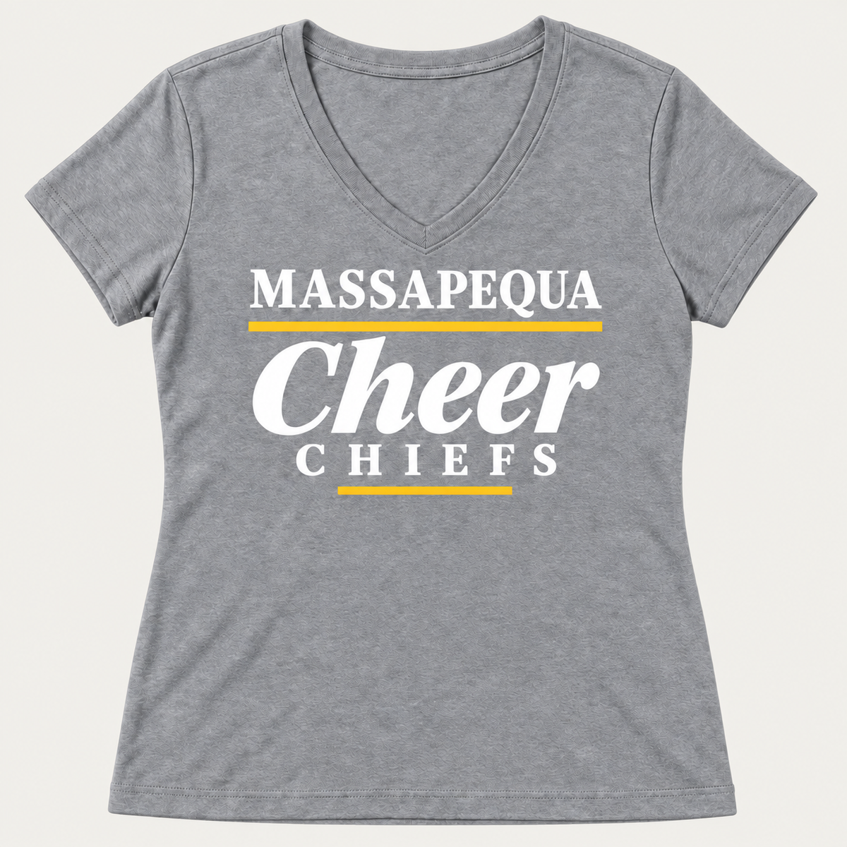 Athletic Heather Massapequa Chiefs Cheer women's V-neck T-shirt, white and gold front lettering