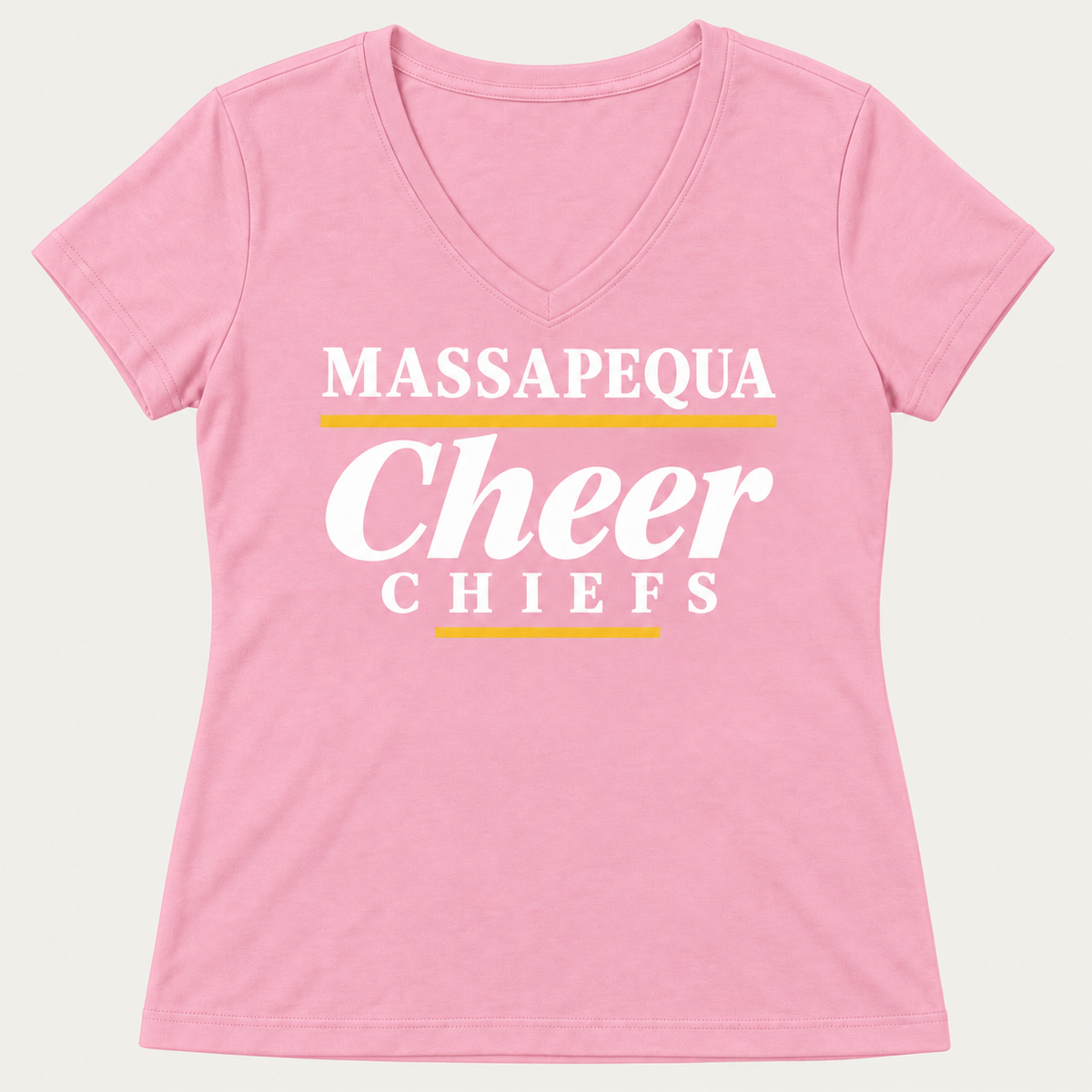 Candy Pink Massapequa Chiefs Cheer women's V-neck T-shirt, white and gold front lettering