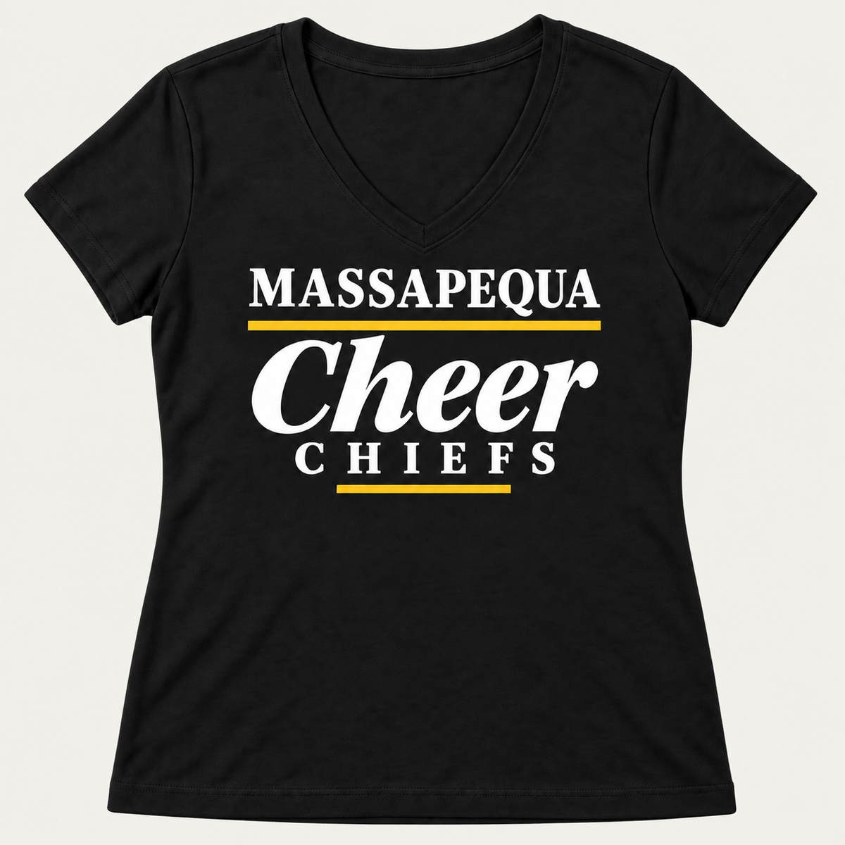 Jet Black Massapequa Chiefs Cheer women's V-neck T-shirt, white and gold front lettering