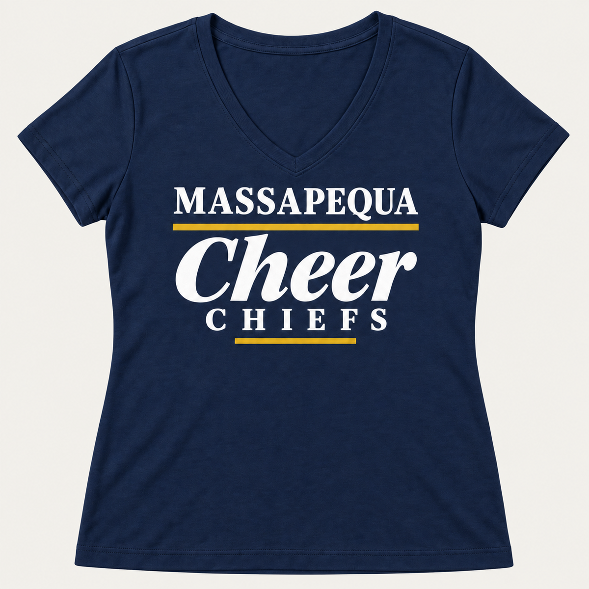 Navy Massapequa Chiefs Cheer women's V-neck T-shirt, white and gold front lettering