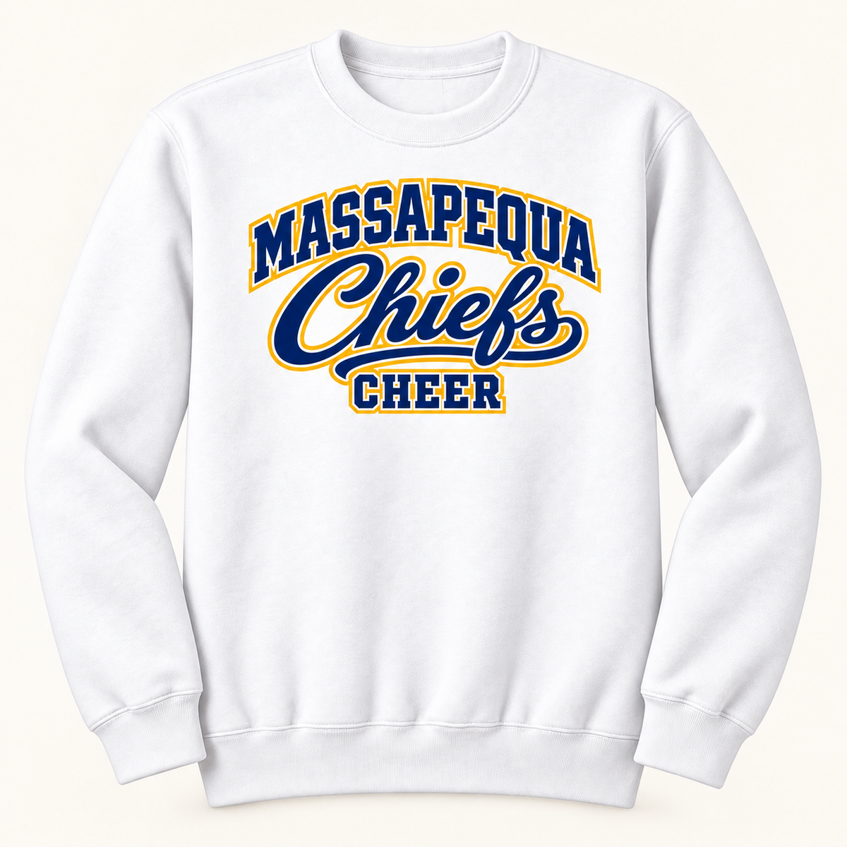 White Massapequa Chiefs Cheer classic varsity script adult crewneck