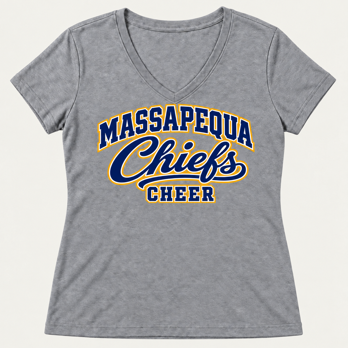 Athletic Heather Massapequa Chiefs Cheer classic varsity script women's V-neck T-shirt