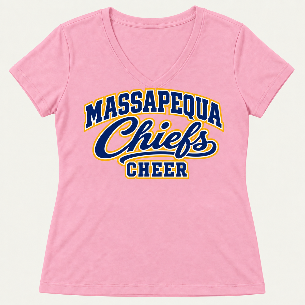 Candy Pink Massapequa Chiefs Cheer classic varsity script women's V-neck T-shirt