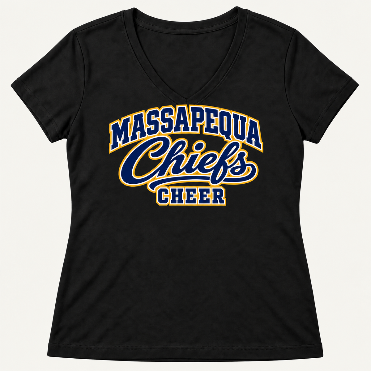 Jet Black Massapequa Chiefs Cheer classic varsity script women's V-neck T-shirt