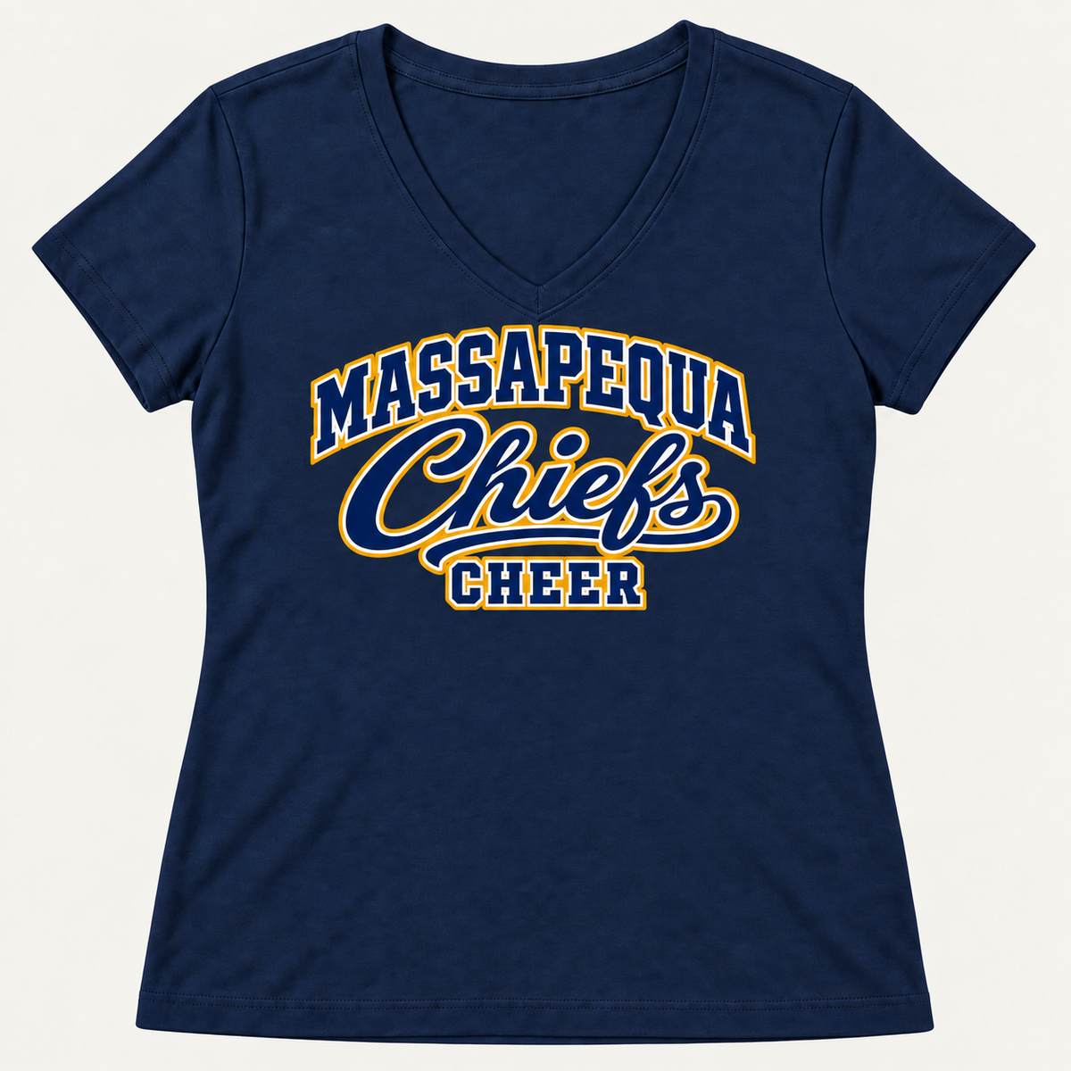 Navy Massapequa Chiefs Cheer classic varsity script women's V-neck T-shirt