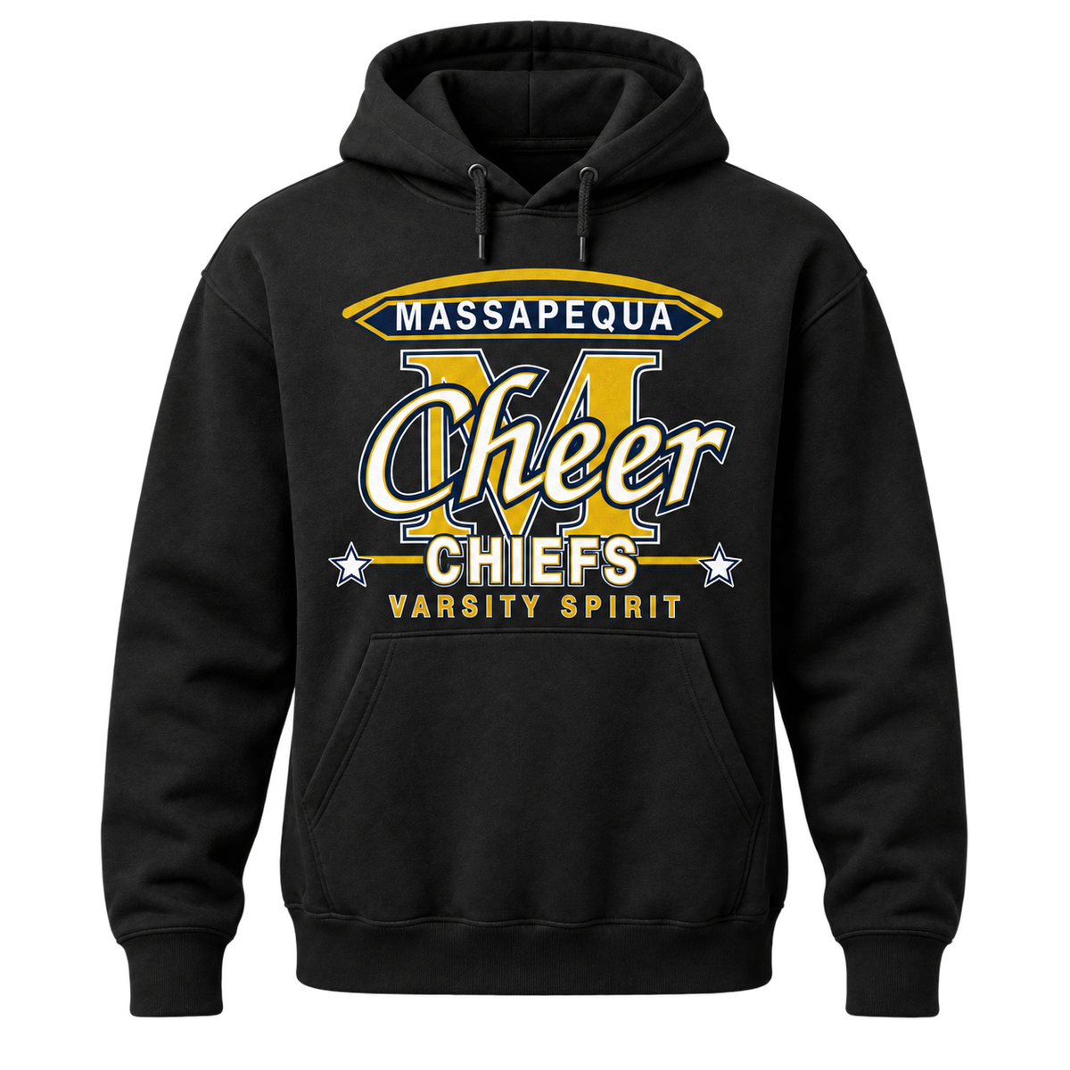 Front view of a Jet Black Massapequa Chiefs Cheer adult hoodie with varsity M and script artwork in navy, white and gold