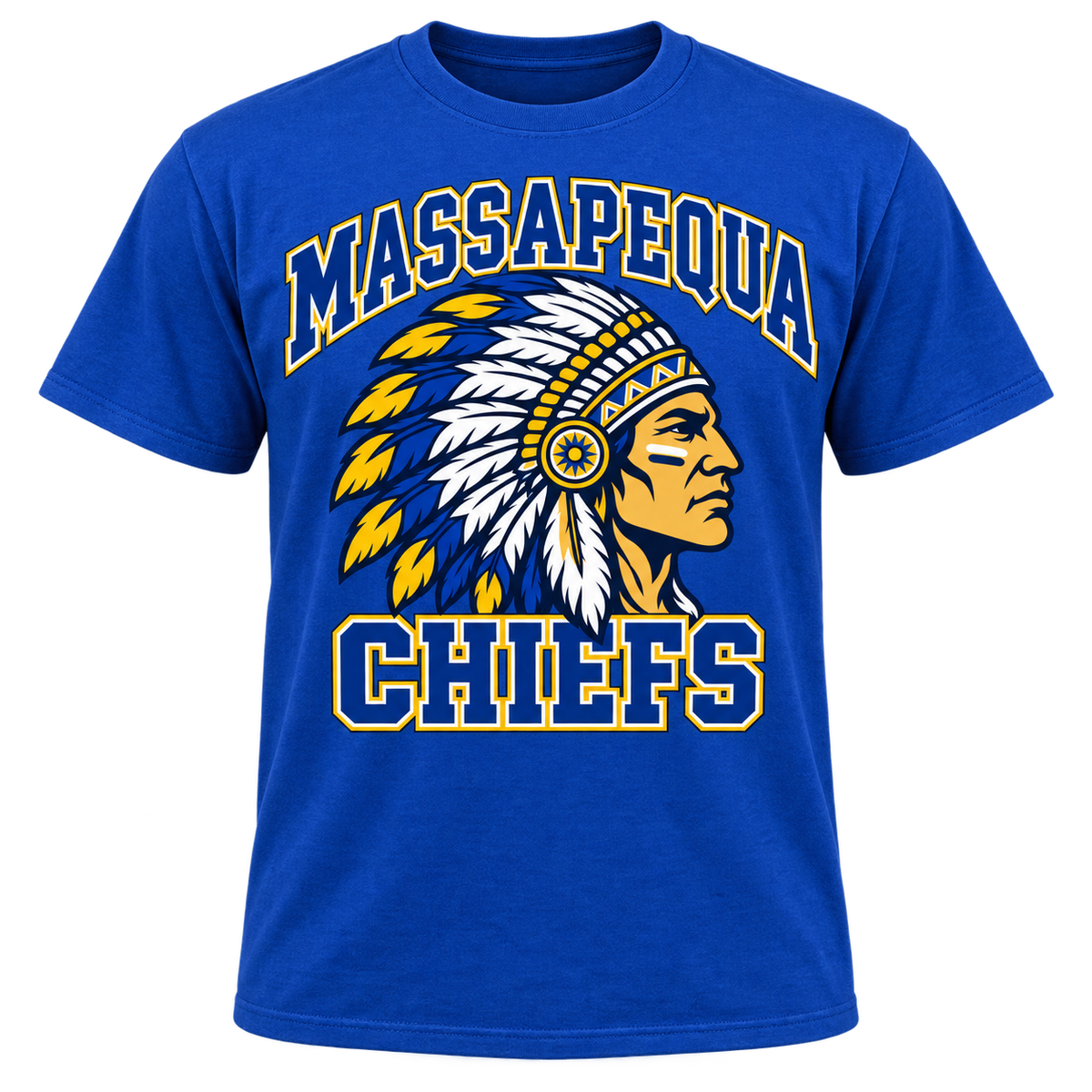Massapequa Chiefs Heritage adult T-shirt in royal blue with blue and gold chief crest