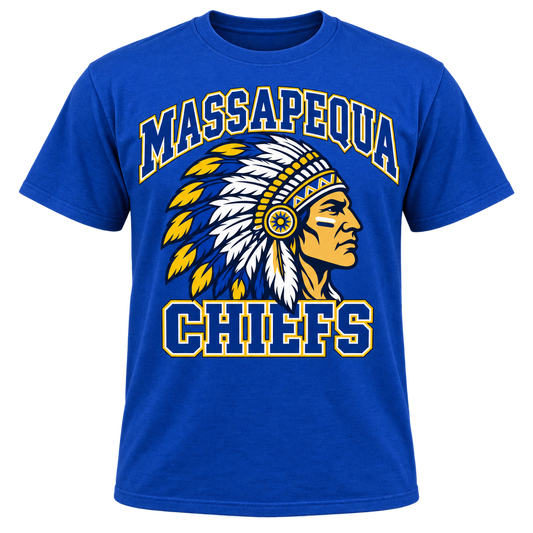 Massapequa Chiefs Heritage adult T-shirt in royal blue with blue and gold chief crest