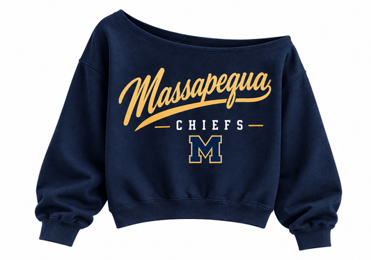 Massapequa Chiefs Women's Heritage Script Off-Shoulder Crop Sweatshirt in Navy