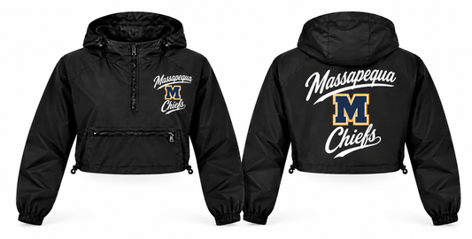 Massapequa Chiefs Women's Script Crop Windbreaker - Front & Back in Black