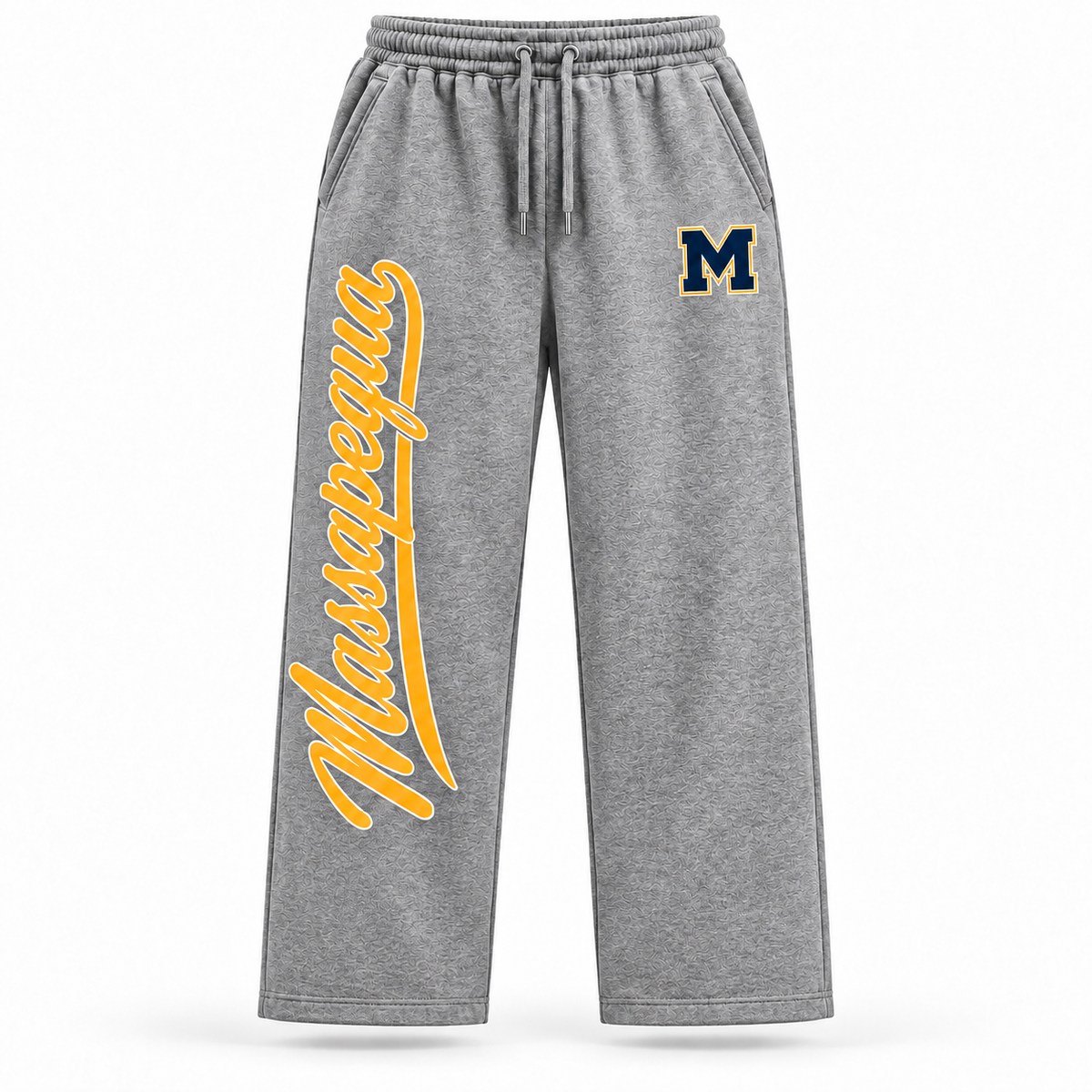 Heather gray Massapequa Heritage Script Baggy Sweatpants front