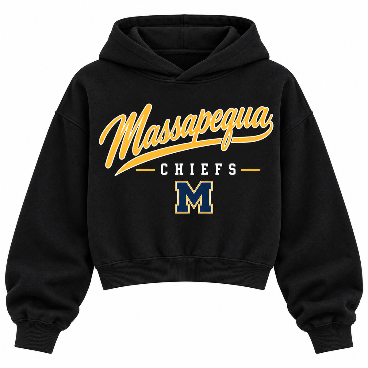 Massapequa Chiefs black cropped hoodie with heritage school script and varsity monogram on front