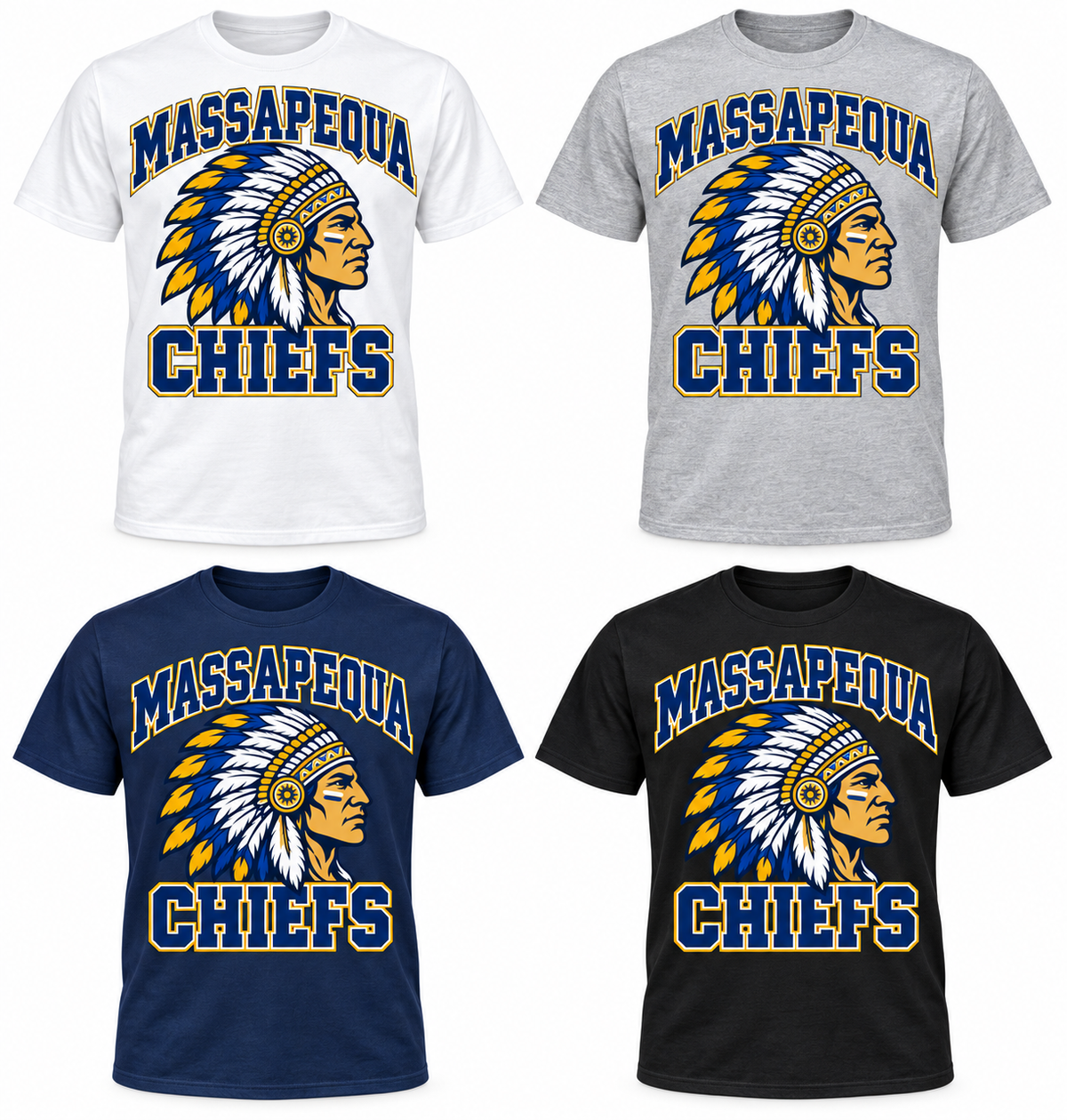 Massapequa Chiefs Heritage Crest T-shirt in white, sport gray, navy and black