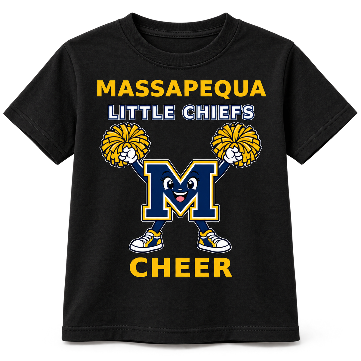 Massapequa Little Chiefs Cheer youth black T-shirt with high-V M mascot, single front view