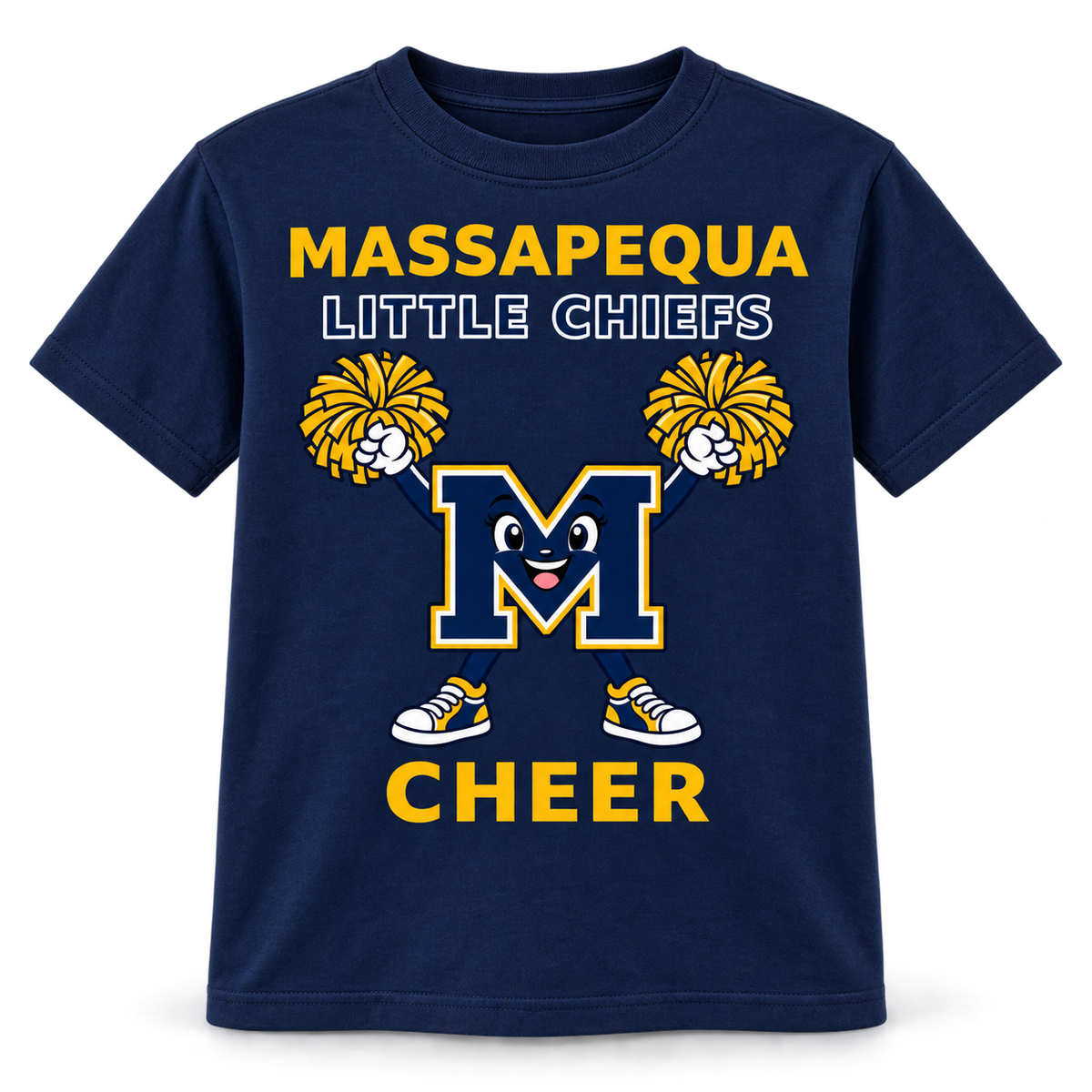 Massapequa Little Chiefs Cheer youth navy T-shirt with high-V M mascot, single front view