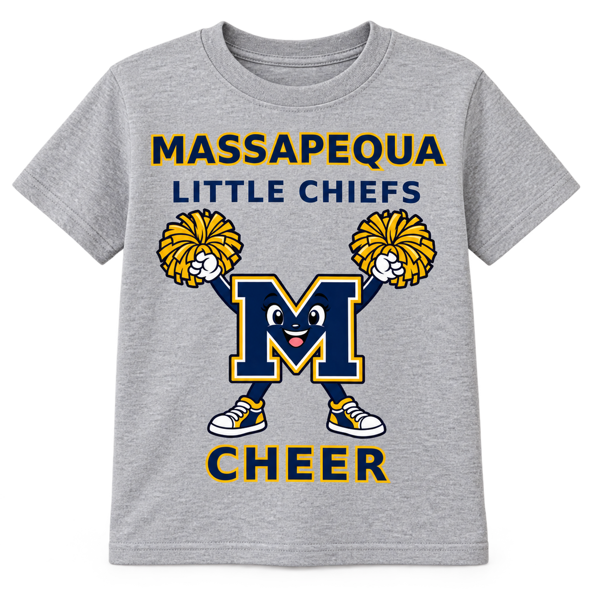 Massapequa Little Chiefs Cheer youth sport grey T-shirt with high-V M mascot, single front view