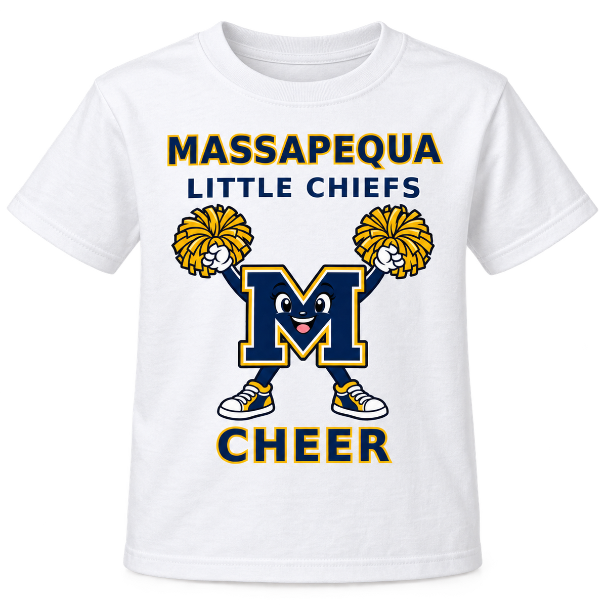 Massapequa Little Chiefs Cheer youth white T-shirt with high-V M mascot, single front view