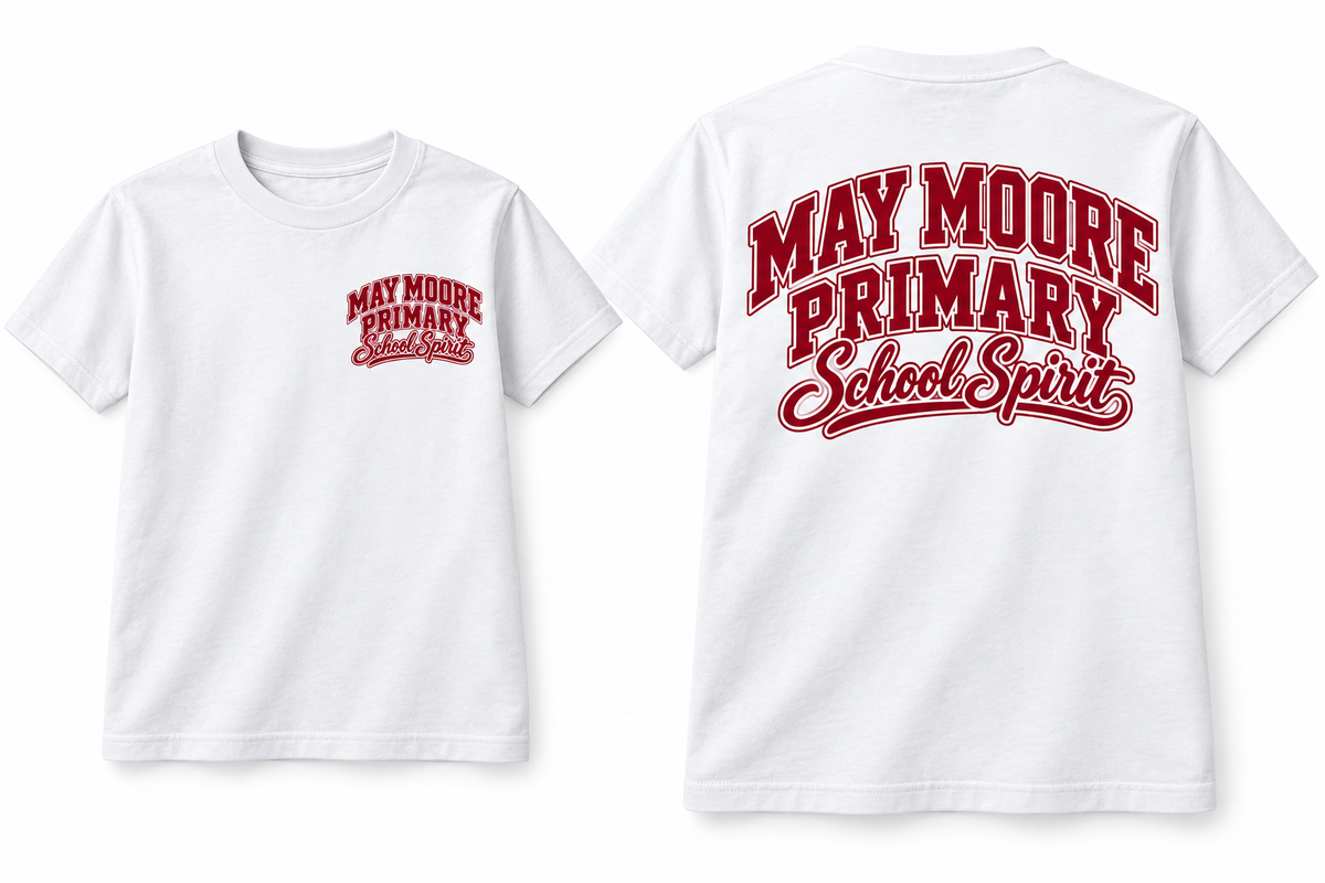 May Moore Primary School Spirit Youth T-Shirt — White; front and back views