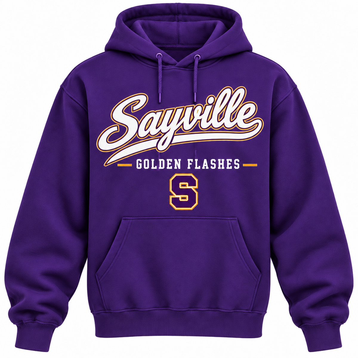 Sayville Golden Flashes Men's Heritage Script Hoodie - Purple front