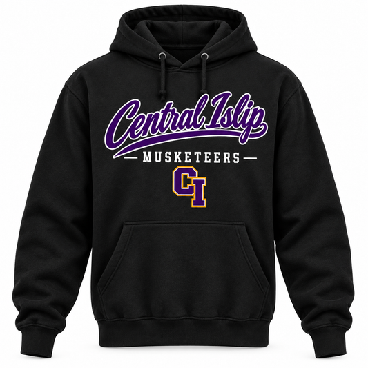 Central Islip Musketeers Men's Heritage Script Hoodie - Black front
