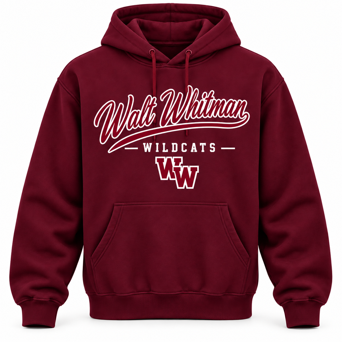 Walt Whitman Wildcats Men's Heritage Script Hoodie - Maroon front