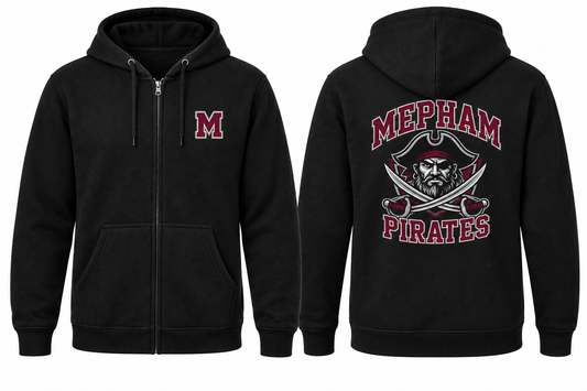 Mepham Pirates Varsity Zip-Up Hoodie — Black front and back