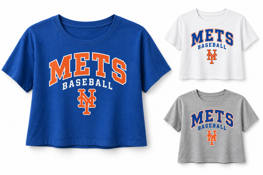 New York Mets Baseball Original Women's Cropped T-Shirt — Royal Blue, White, Sport Gray