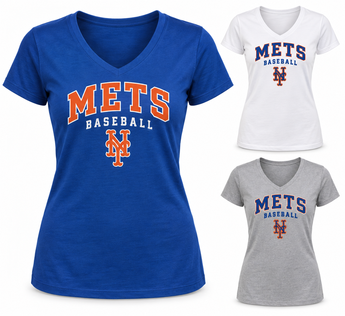 New York Mets Baseball Original Women's V-Neck T-Shirt — Royal Blue, White, Sport Gray