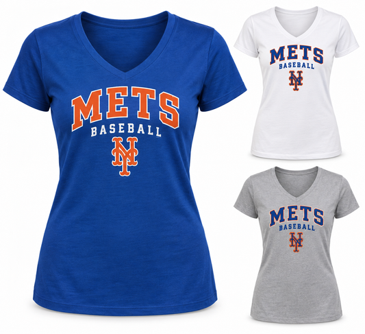 New York Mets Baseball Original Women's V-Neck T-Shirt — Royal Blue, White, Sport Gray