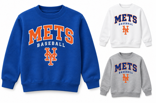 New York Mets Baseball Original Youth Crewneck Sweatshirt — Royal Blue, White, Sport Gray